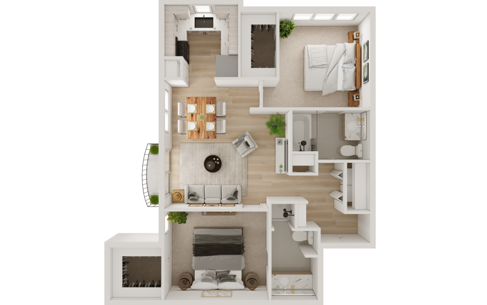 B2E - 2 bedroom floor plan layout with 2 bathrooms and 942 square feet (3D)